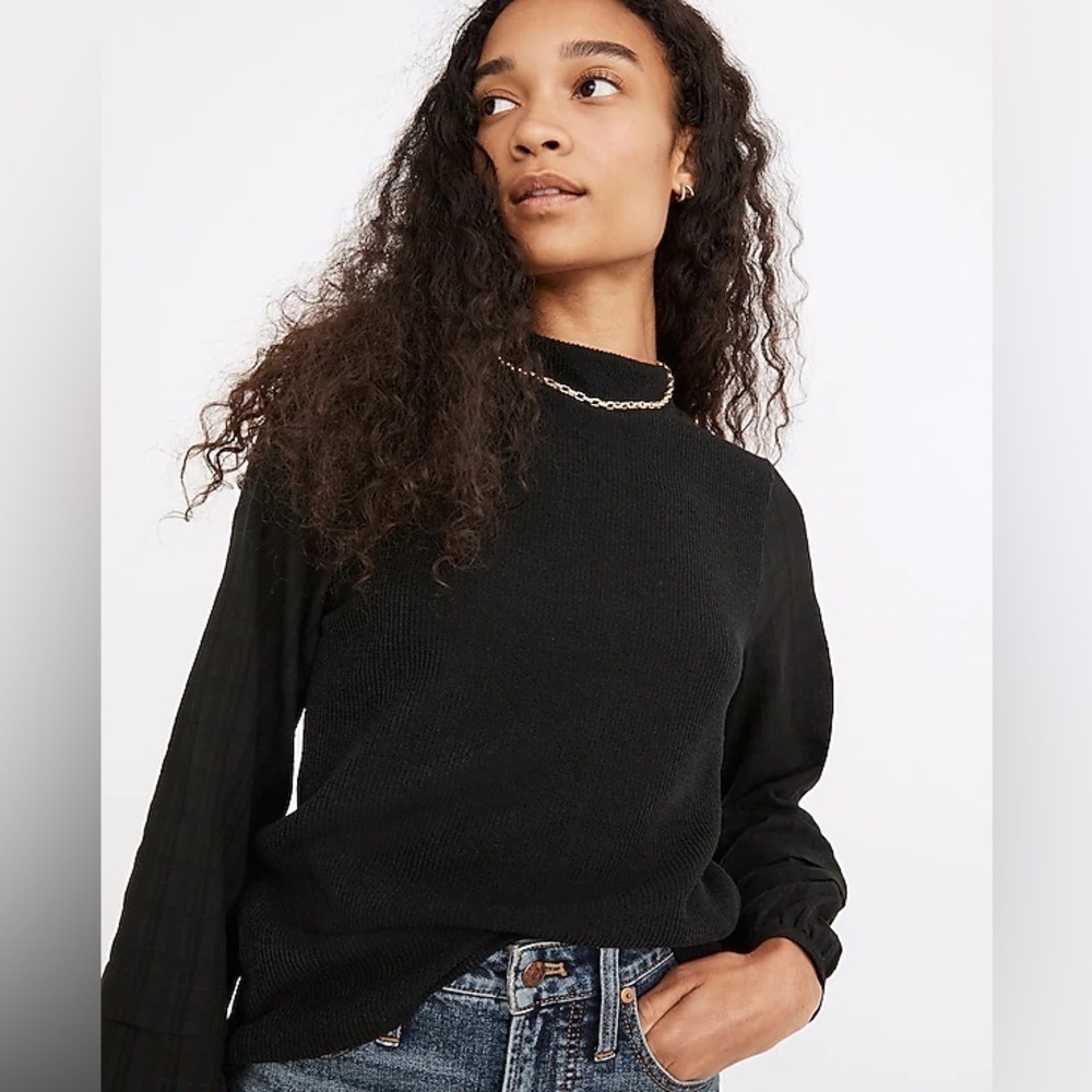 Madewell Weavemix Mockneck Bubble-Sleeve Long Sleeve Top in Black